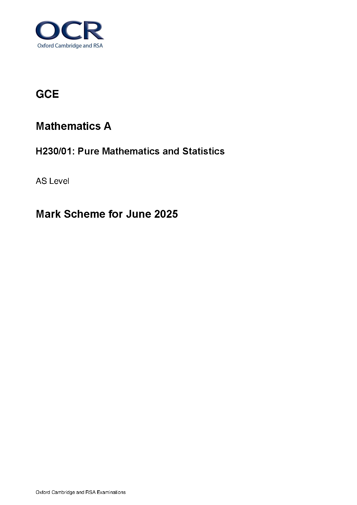 OCR AS Mathematics A Paper 1 2025 Mark Scheme