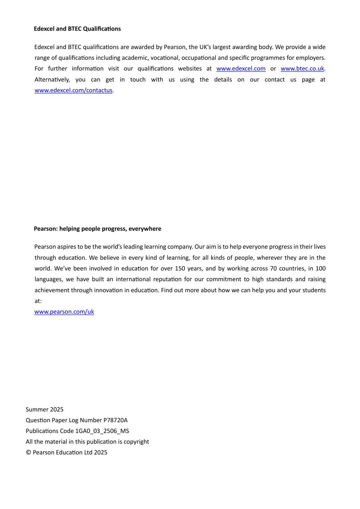 Pearson Edexcel GCSE Geography A Paper 3 2025 Mark Scheme