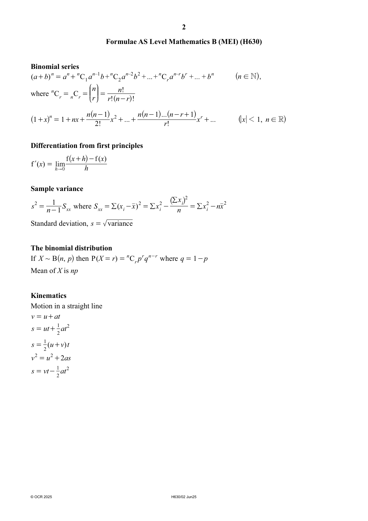 OCR AS Mathematics B MEI Paper 2 2025 Question Paper