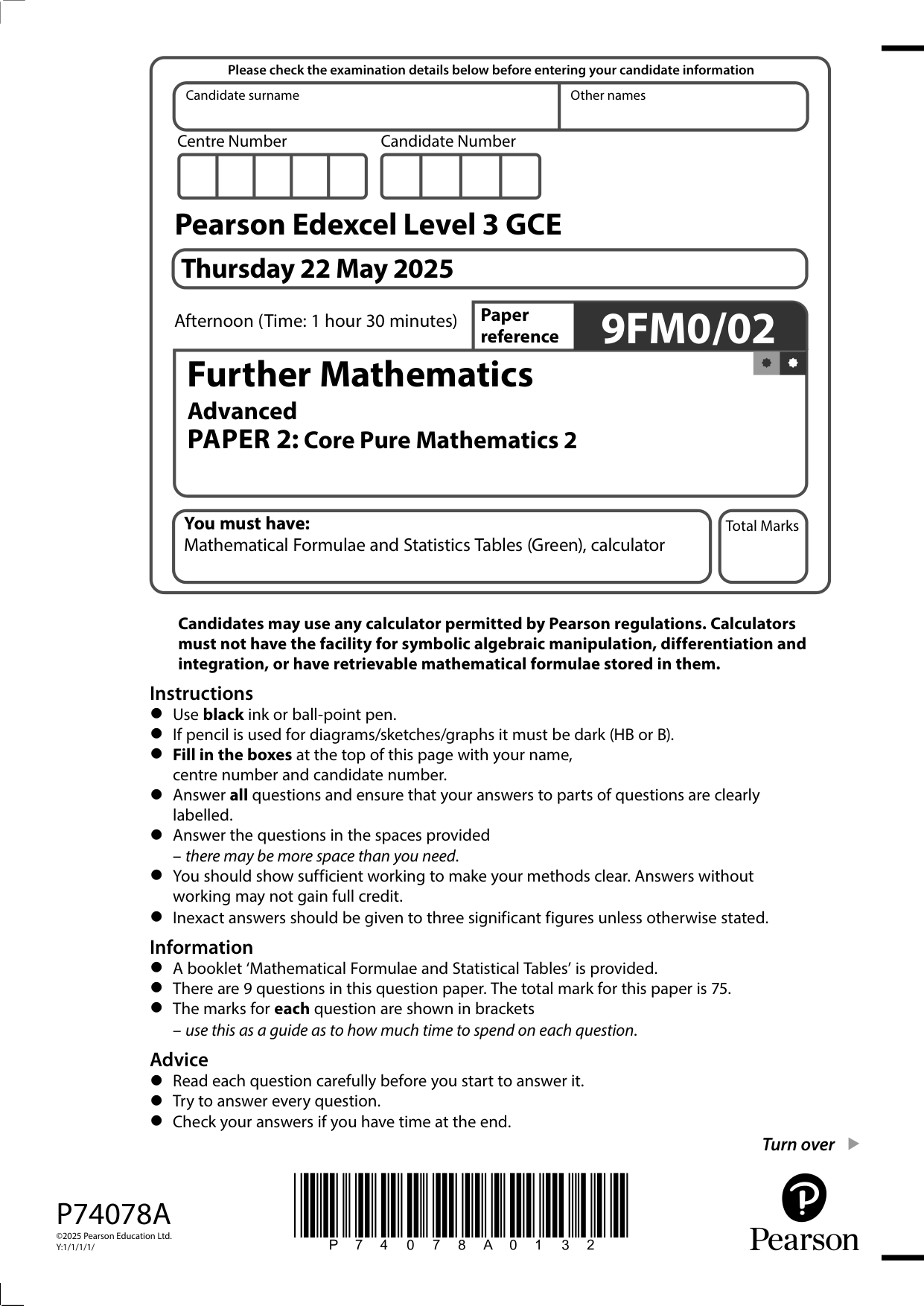 Pearson Edexcel A Level Further Mathematics 2025 Paper 2 QP