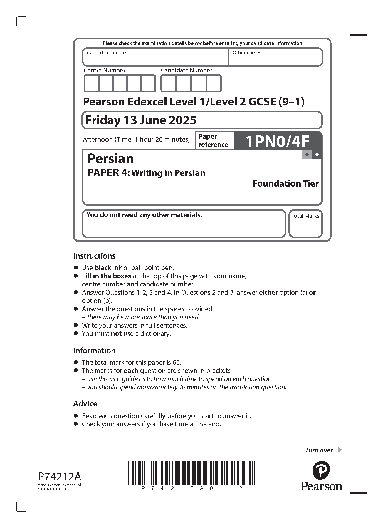 Pearson Edexcel GCSE Persian Paper 4F 2025 Question Paper