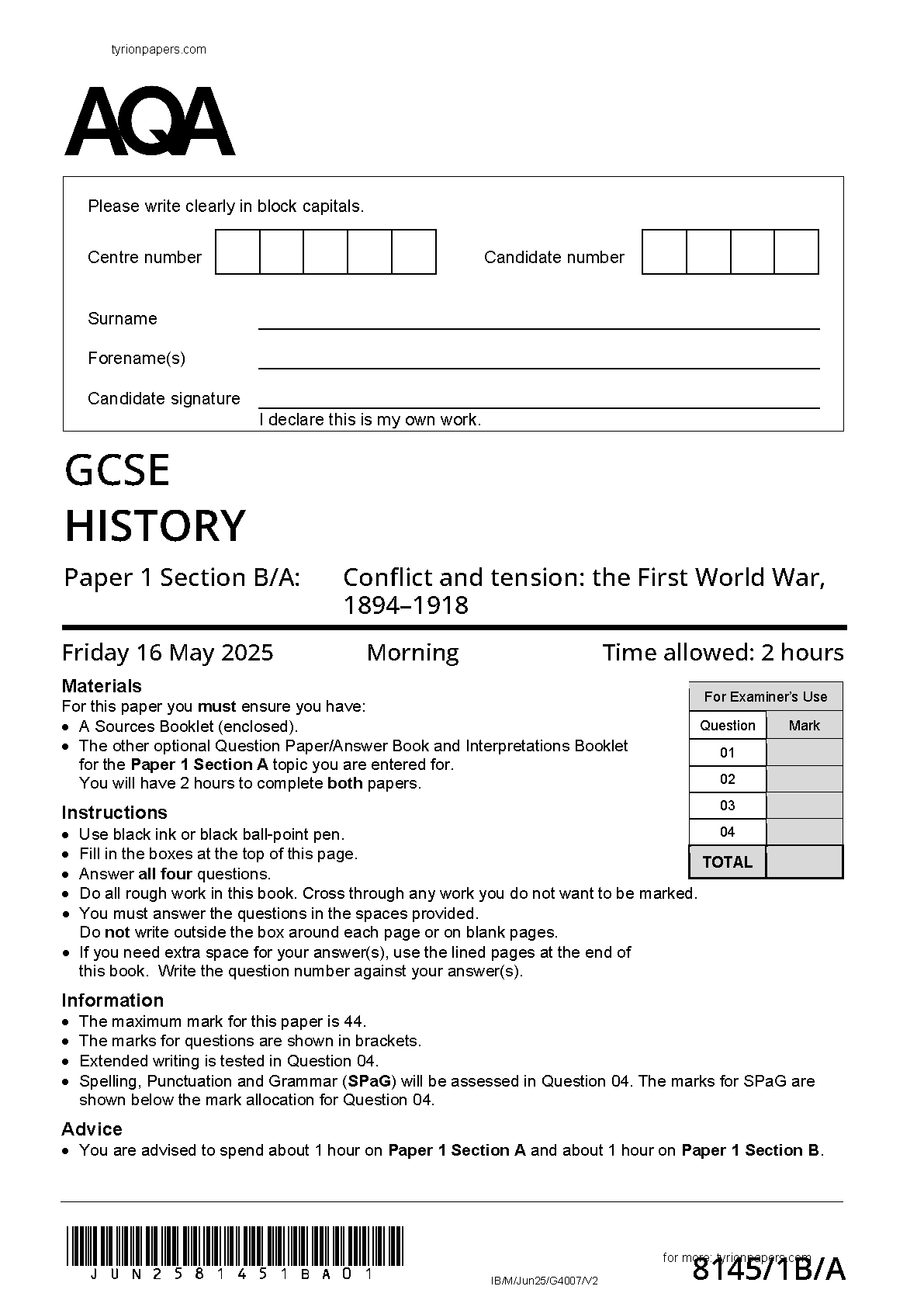 AQA GCSE History Paper 1b Section B/A 2025 Question Paper IMG-1
