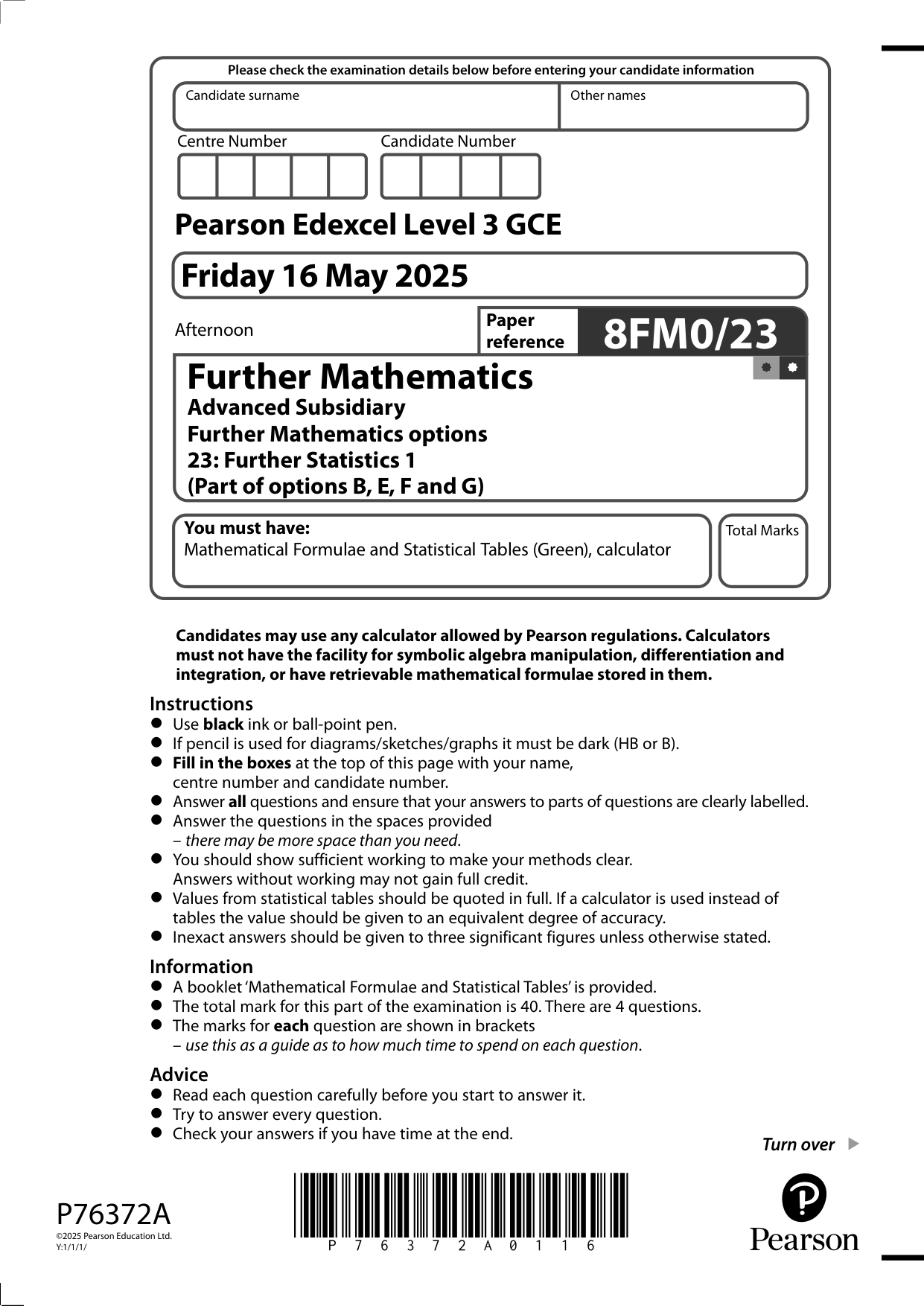 Pearson Edexcel AS Further Mathematics Paper 23 2025 QP