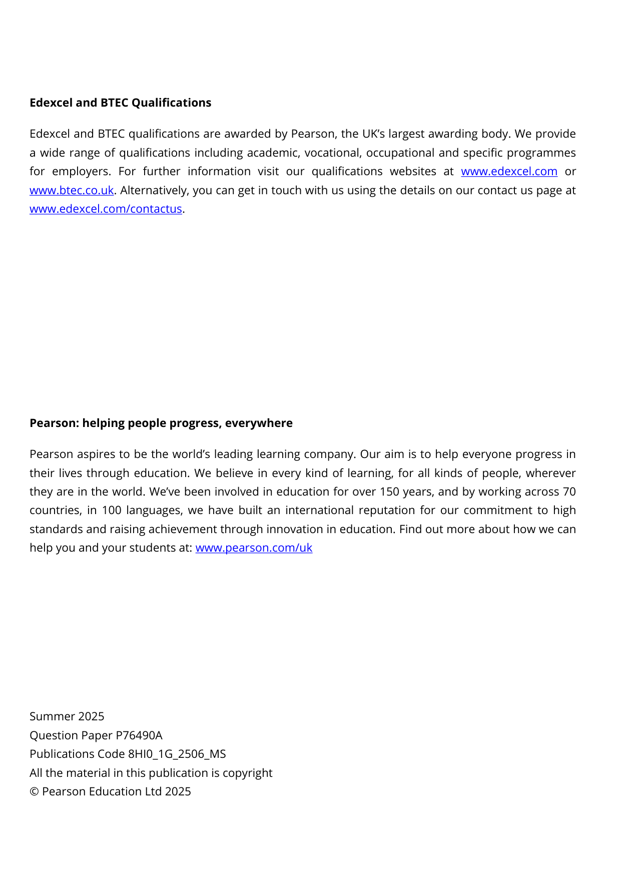 Pearson Edexcel AS History Paper 1G 2025 Mark Scheme PDF