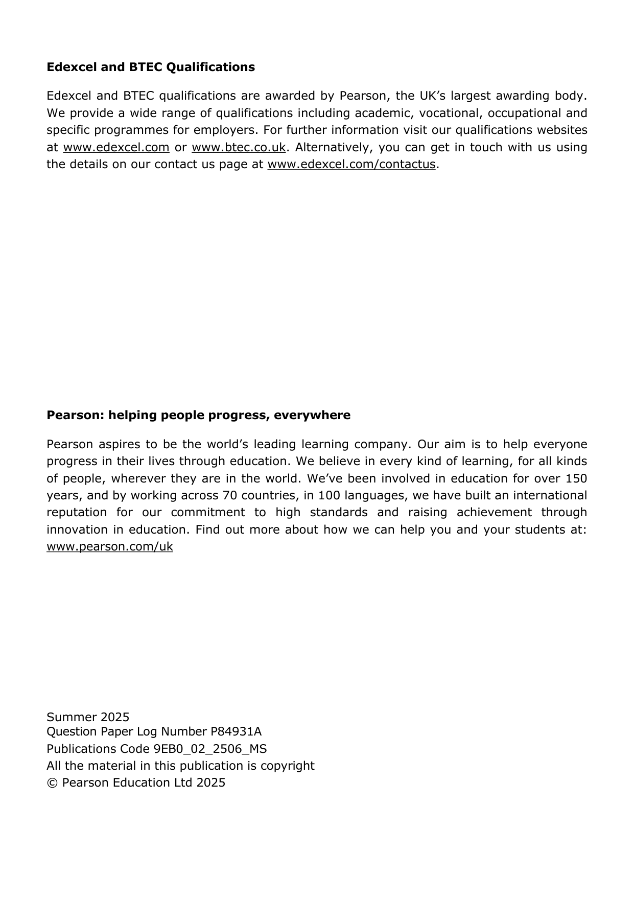 Pearson Edexcel A Level Economics B Paper 2 2025 Mark scheme