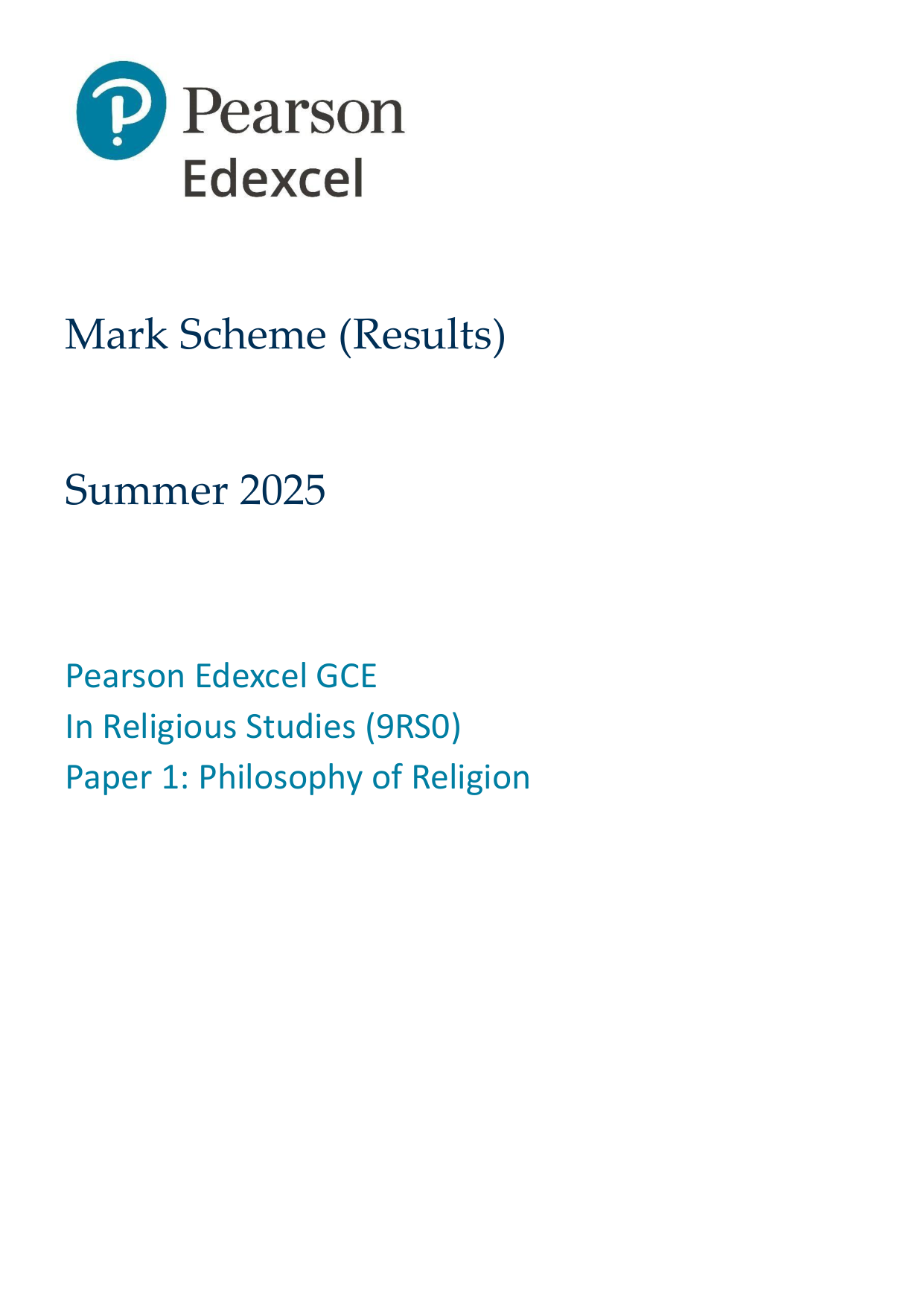 Pearson Edexcel A Level Religious Studies Paper 1 2025 Ms