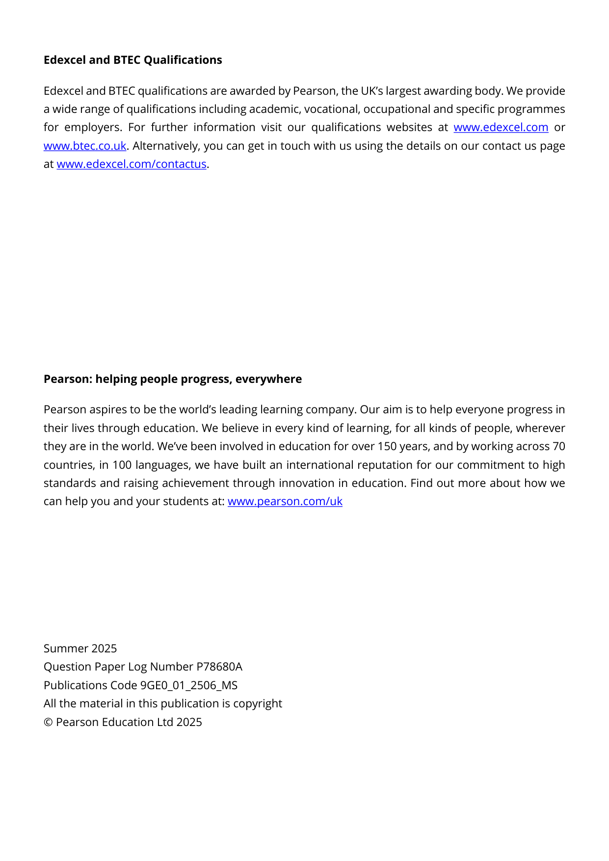 Pearson Edexcel A Level Geography 2025 Paper 1 Mark Scheme
