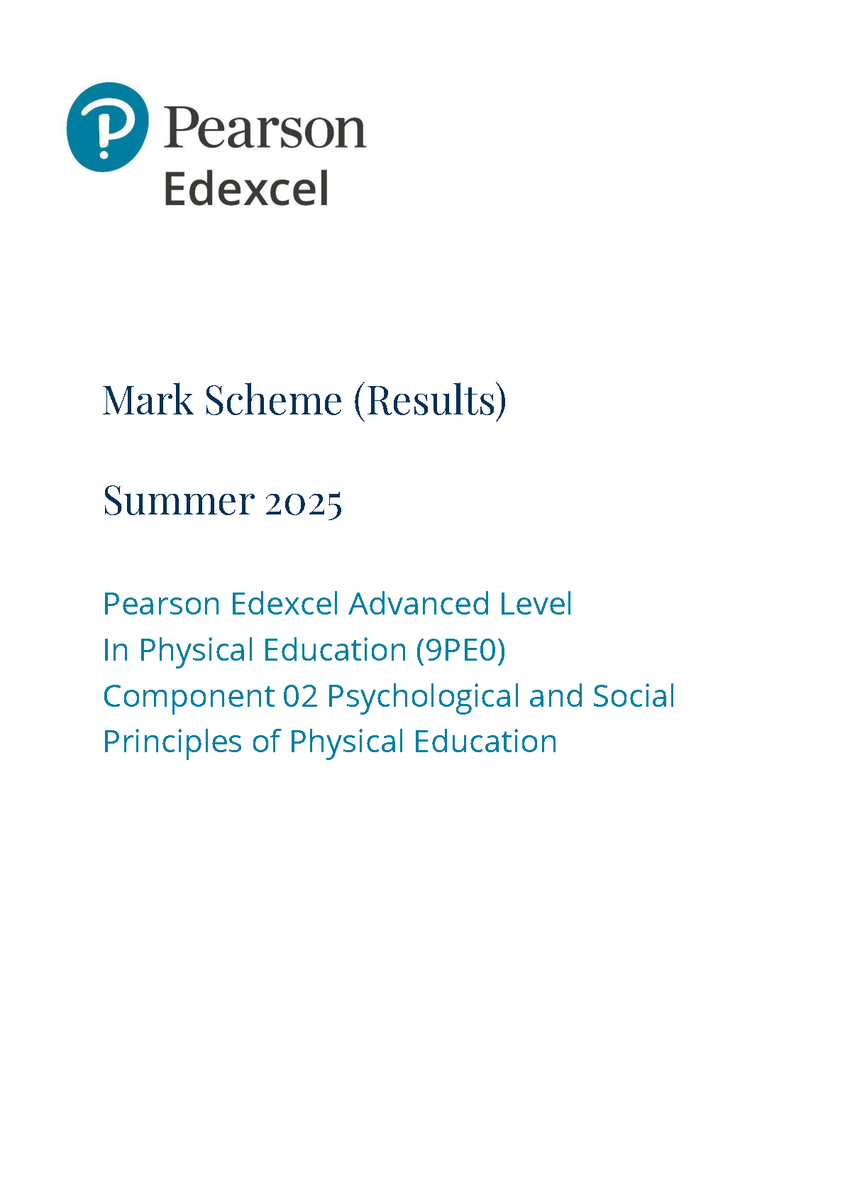 Pearson Edexcel A Level Physical Education 2025 Paper 2 Ms