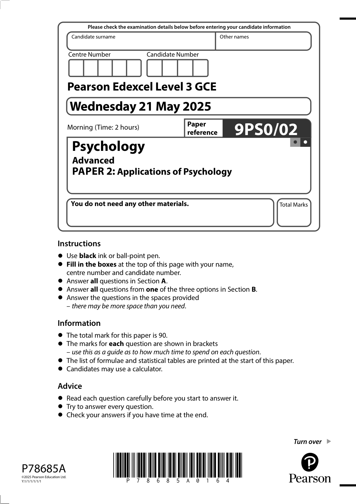 Pearson Edexcel A Level Psychology Paper 2 2025 QP