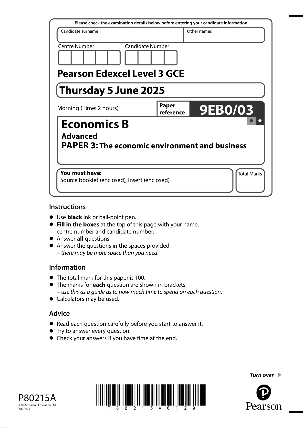 Pearson Edexcel A Level Economics B Paper 3 2025 QP