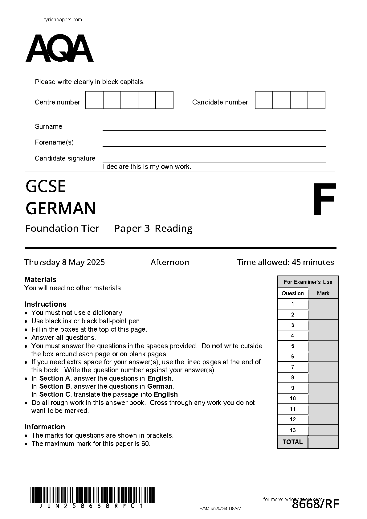 AQA GCSE German Paper 3F 2025 Reading QP IMG-1