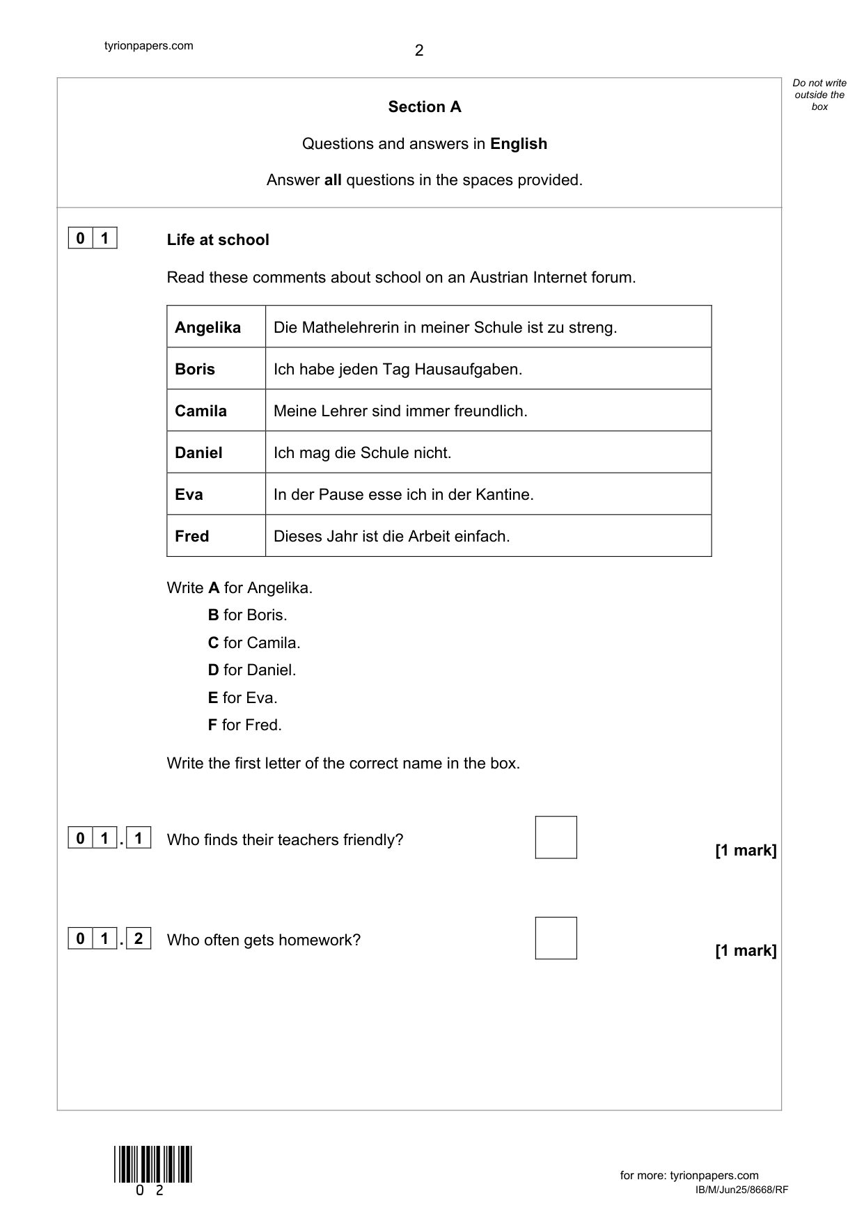AQA GCSE German Paper 3F 2025 Reading QP
