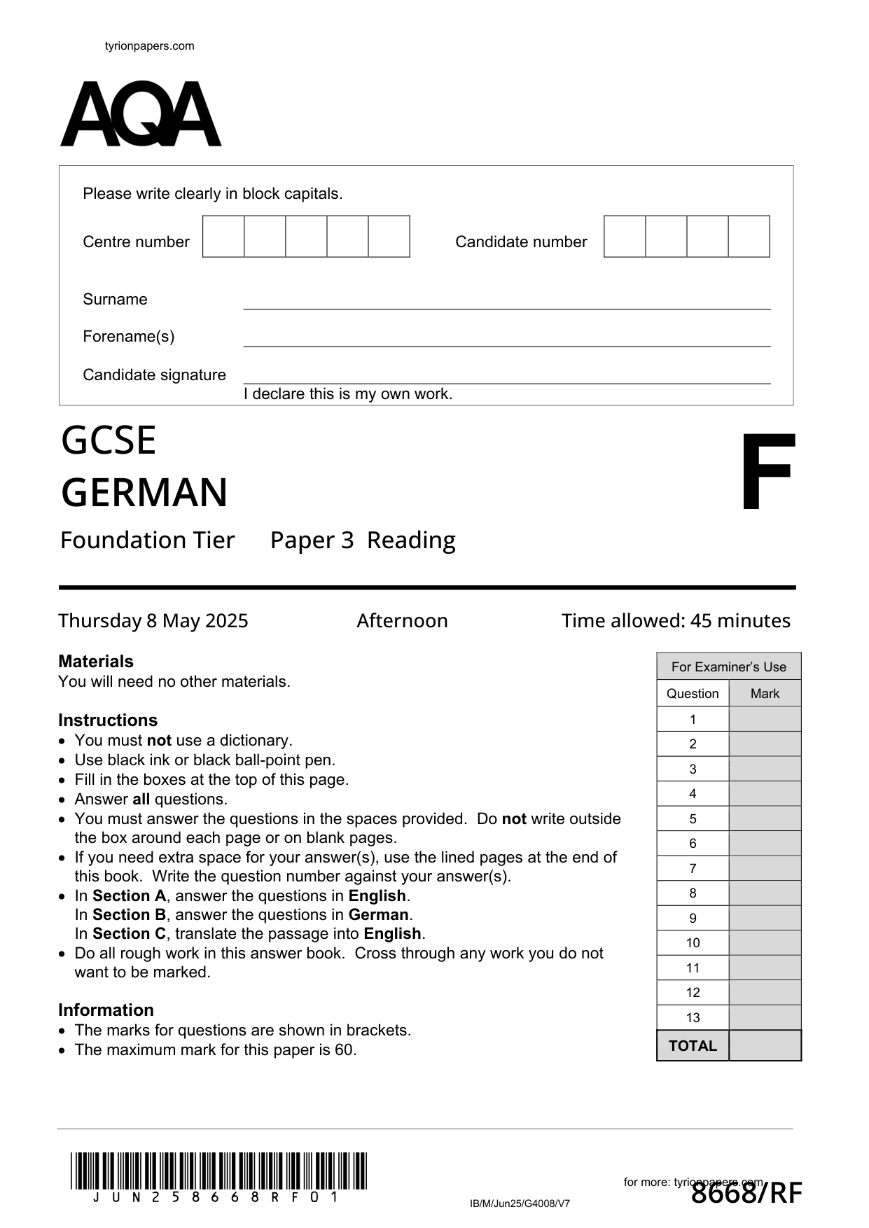 AQA GCSE German Paper 3F 2025 Reading QP