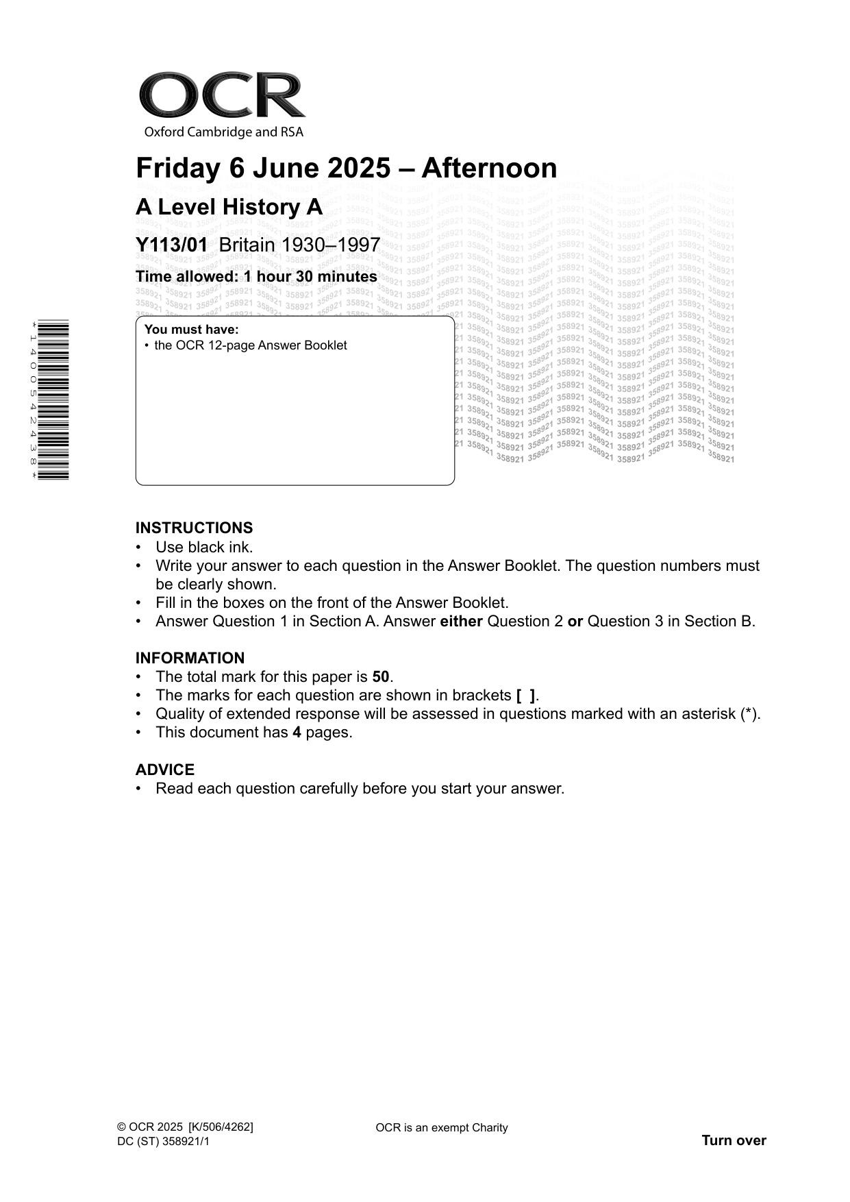 OCR A Level History A Britain 1930-1997 2025 Question Paper