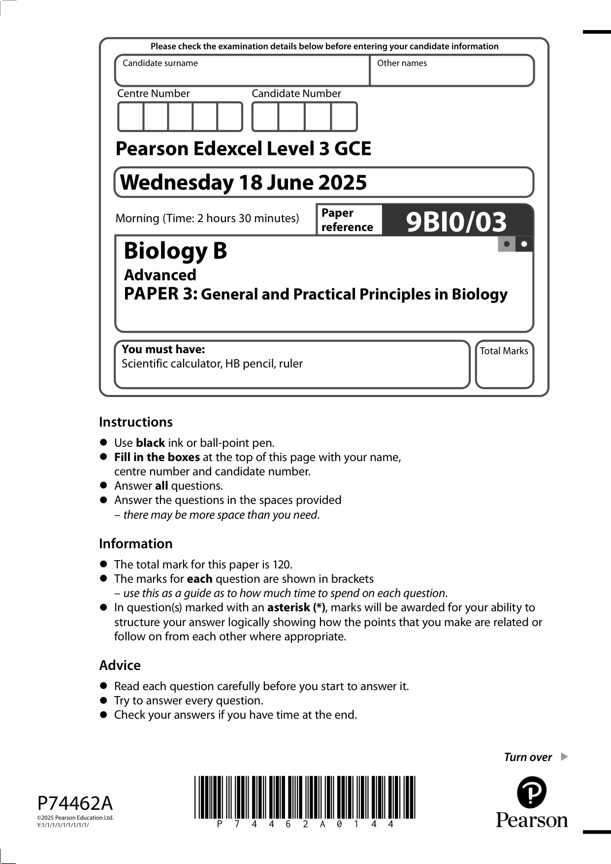 Pearson Edexcel A Level Biology B Paper 3 2025 QP