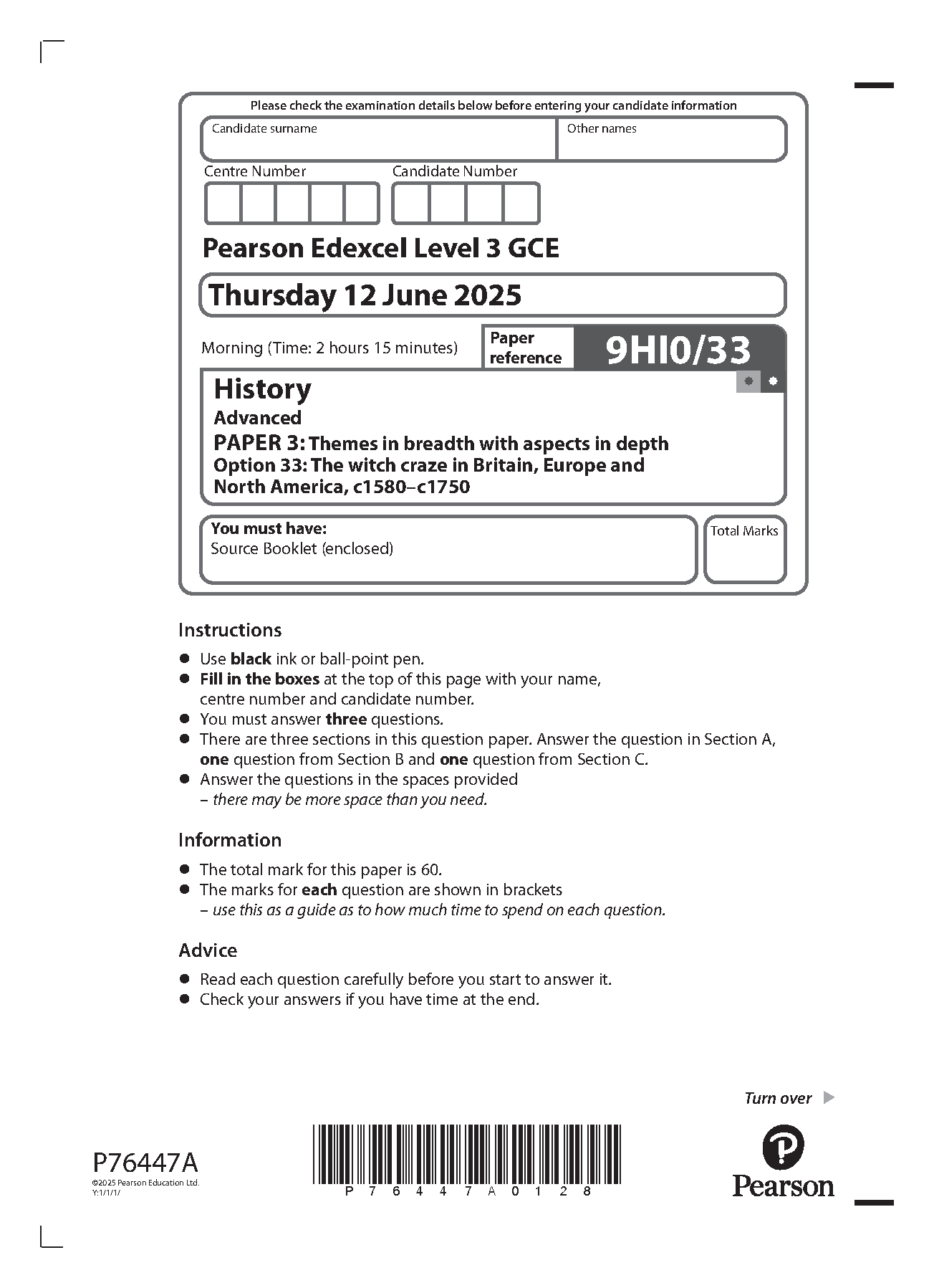 Pearson Edexcel A Level History Paper 33 2025 QP PDF IMG-1