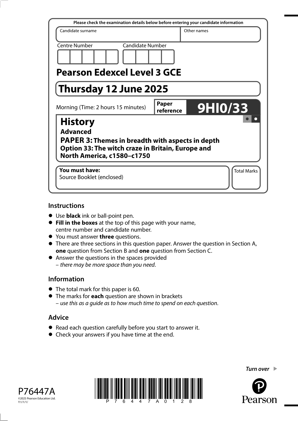 Pearson Edexcel A Level History Paper 33 2025 QP PDF