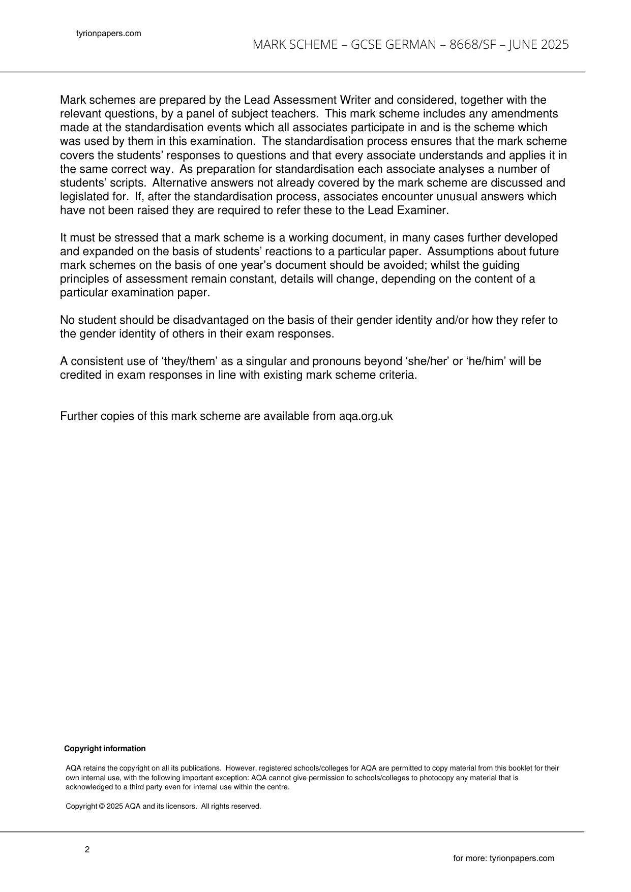 AQA GCSE German Paper 2F 2025 Speaking Mark Scheme