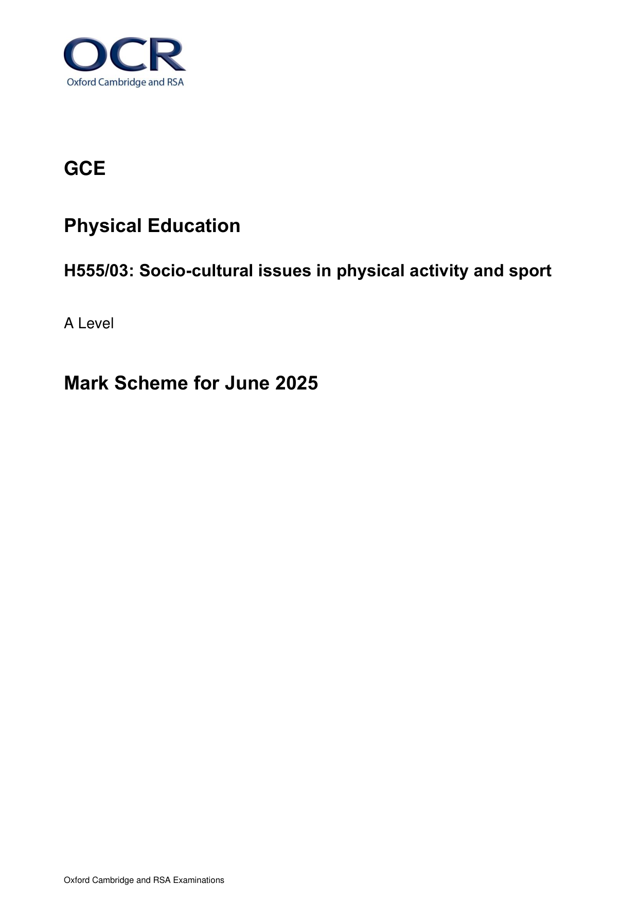 OCR A Level Physical Education Paper 3 2025 Mark Scheme