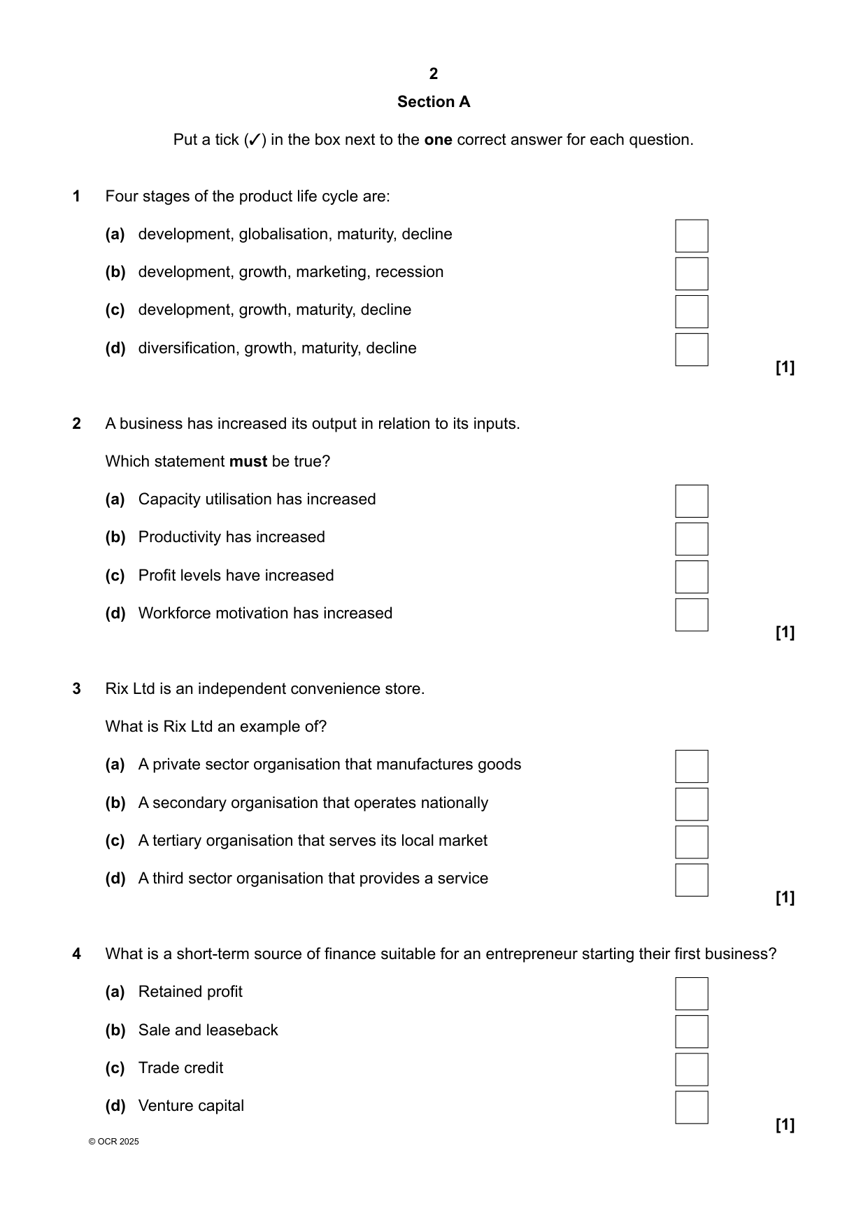 OCR AS Level Business Paper 1 2025 Question Paper
