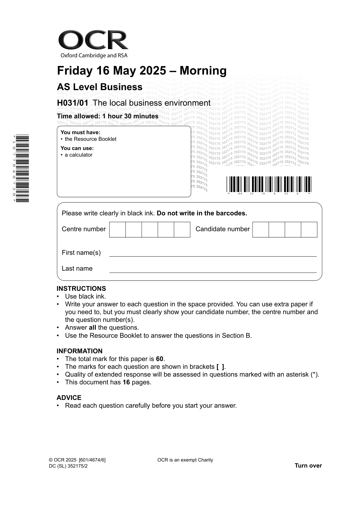 OCR AS Level Business Paper 1 2025 Question Paper