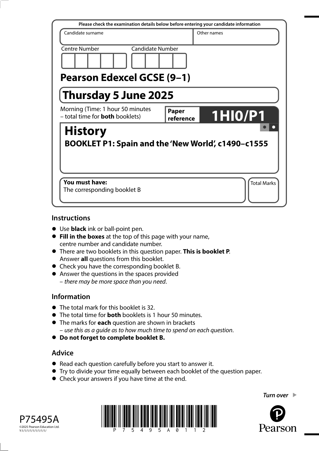 Pearson Edexcel GCSE History Paper P1 2025 Question Paper