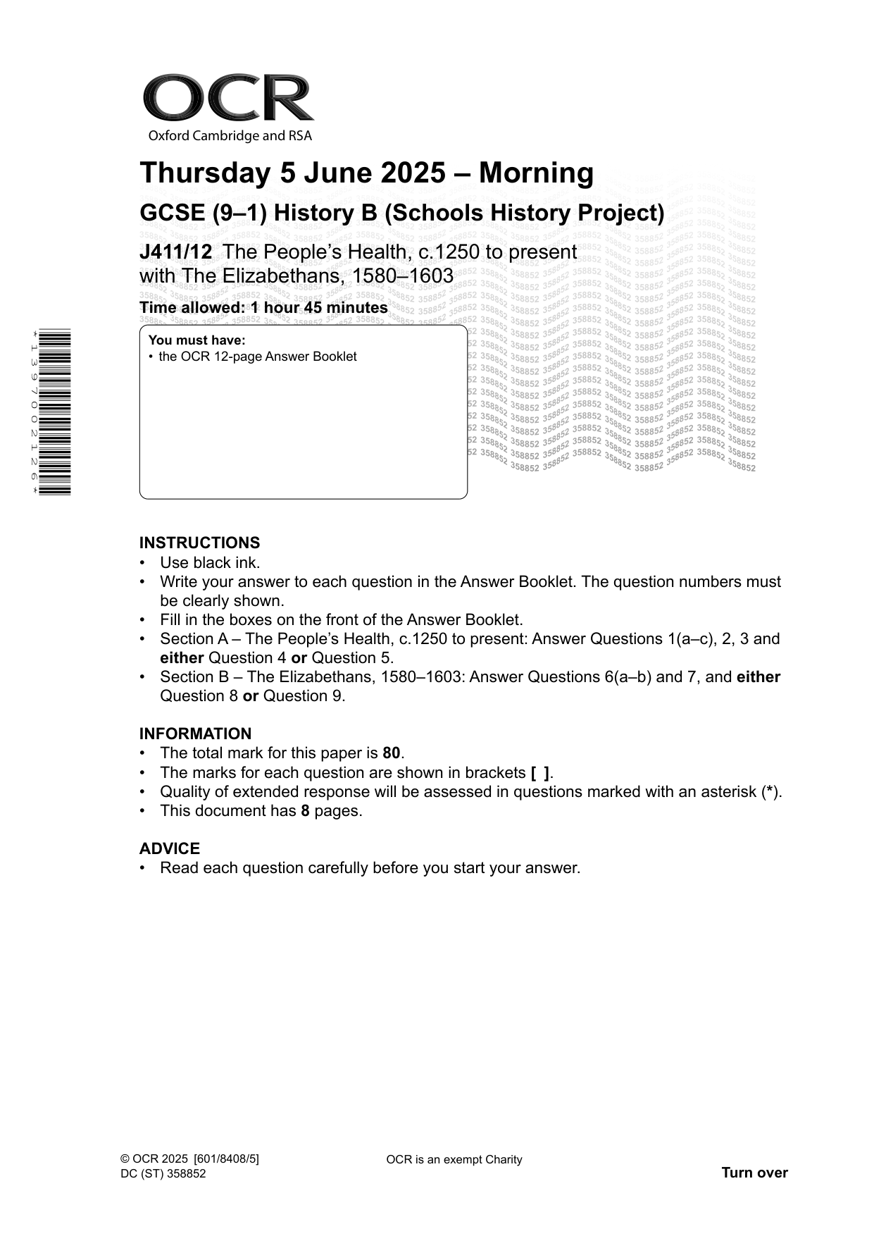 OCR GCSE History Paper 12 2025 Mark Scheme