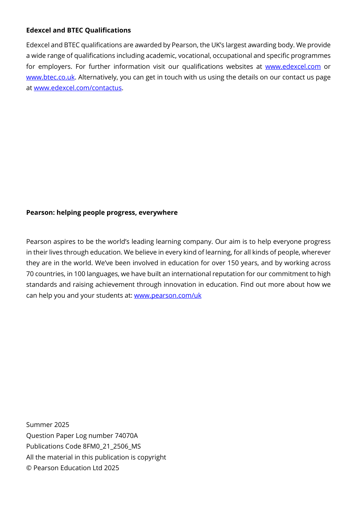Pearson Edexcel AS Further Mathematics Paper 21 2025 Ms