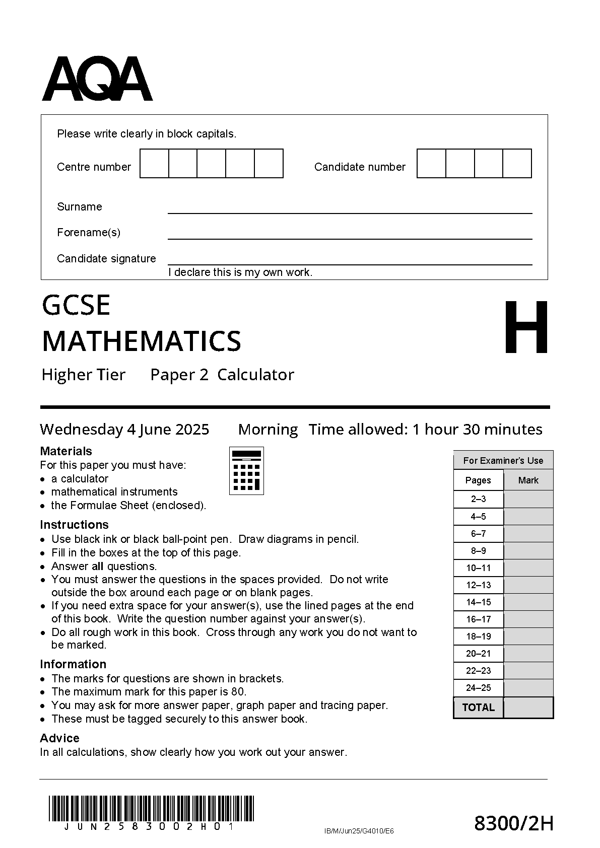 AQA GCSE Maths  Paper 2H 2025 Question Paper IMG-1