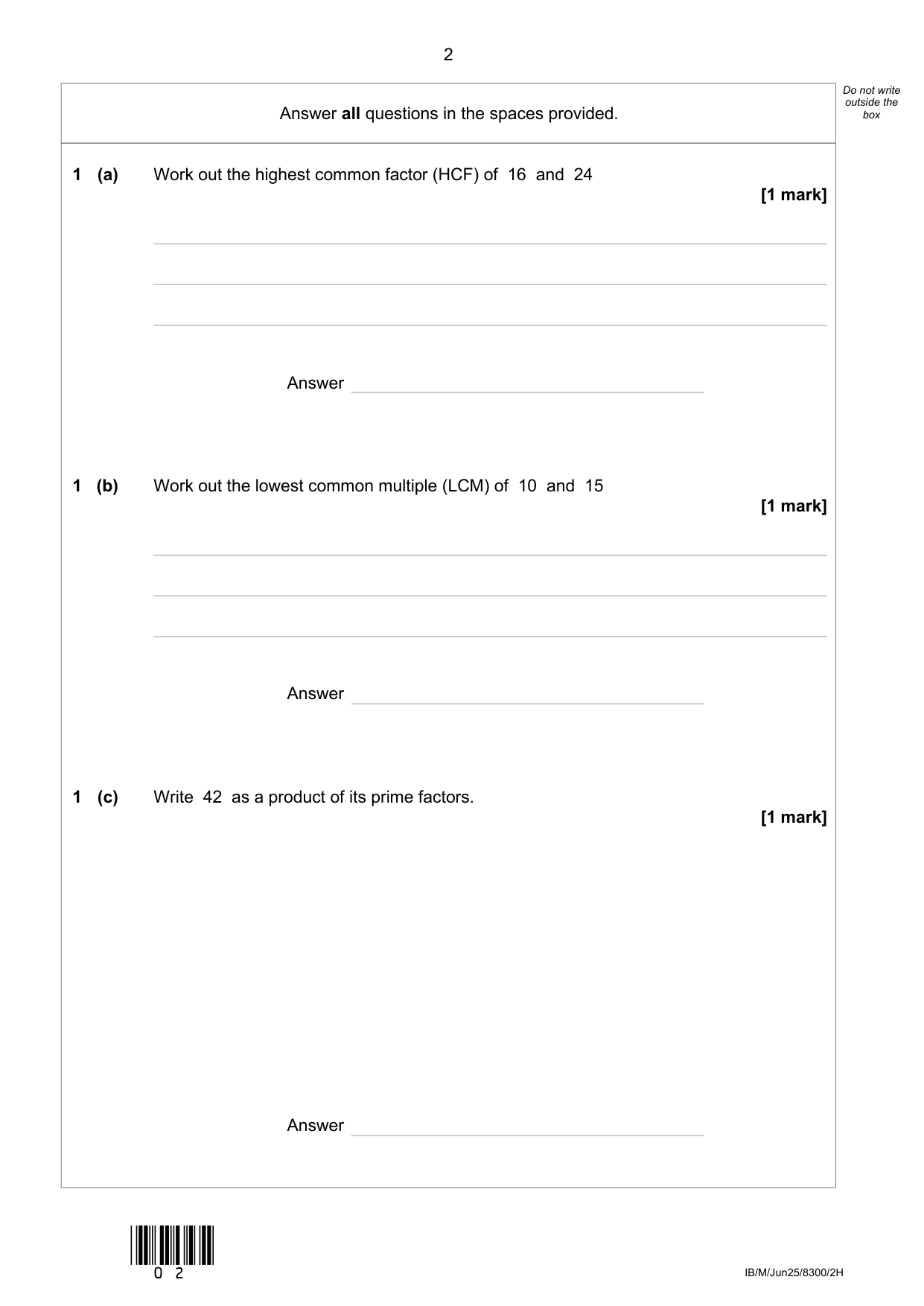 AQA GCSE Maths  Paper 2H 2025 Question Paper