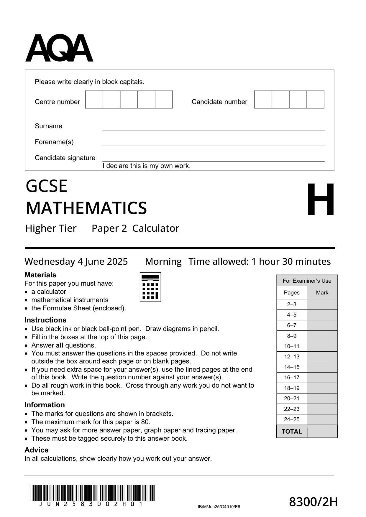 AQA GCSE Maths  Paper 2H 2025 Question Paper