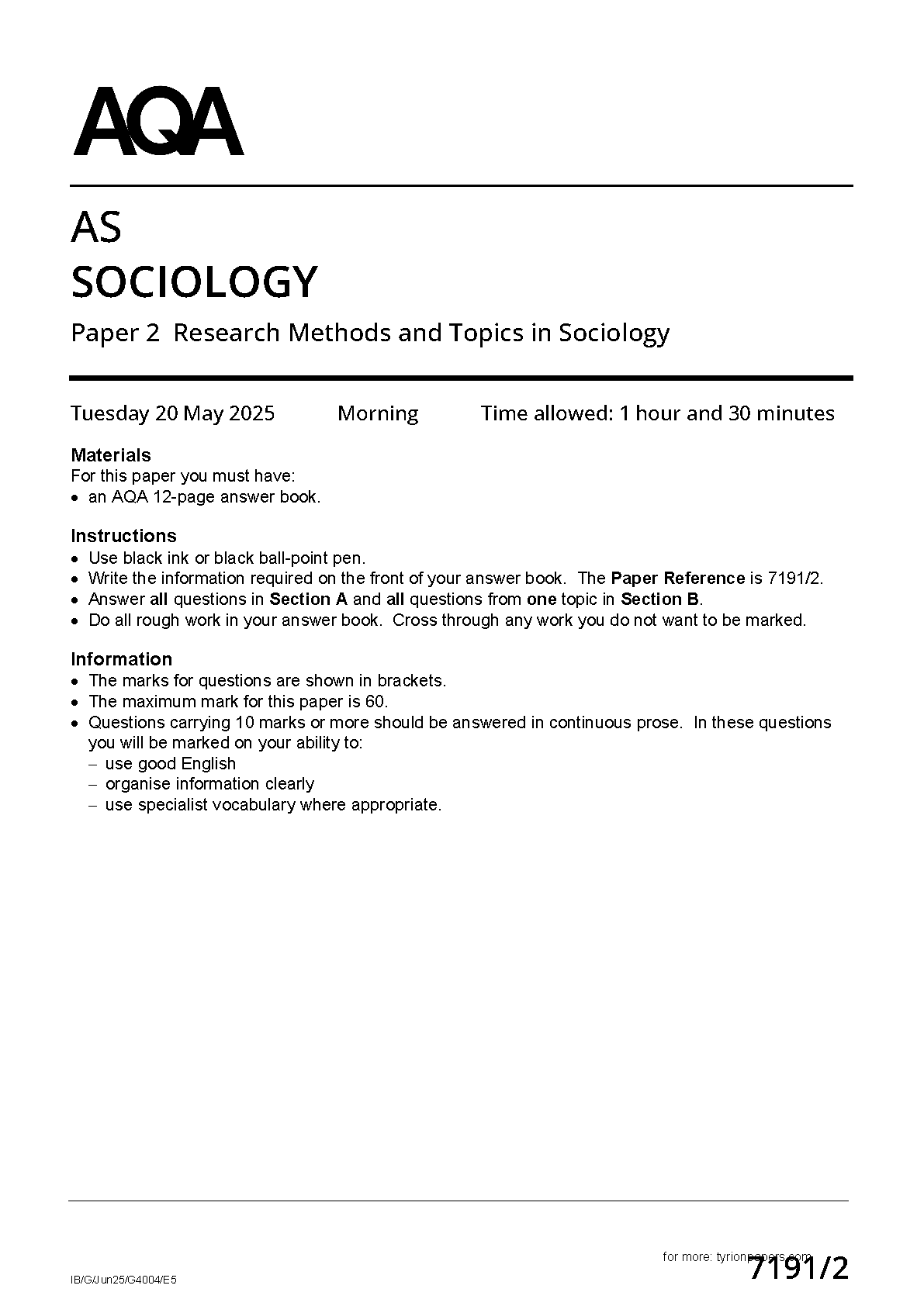 AQA AS Sociology Paper 2 2025 Question Paper IMG-1