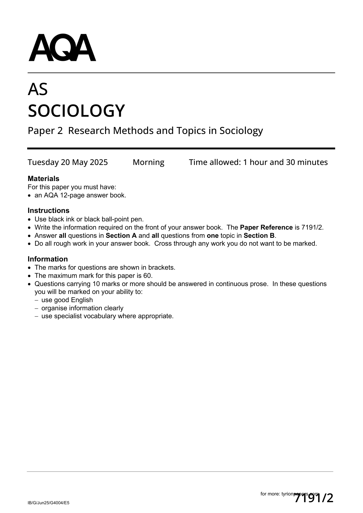 AQA AS Sociology Paper 2 2025 Question Paper