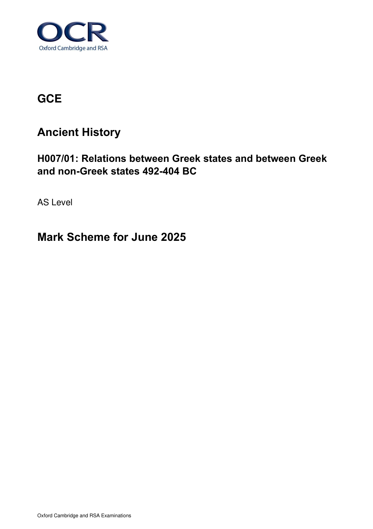 OCR AS Level Ancient History Paper 1 2025 Mark Scheme