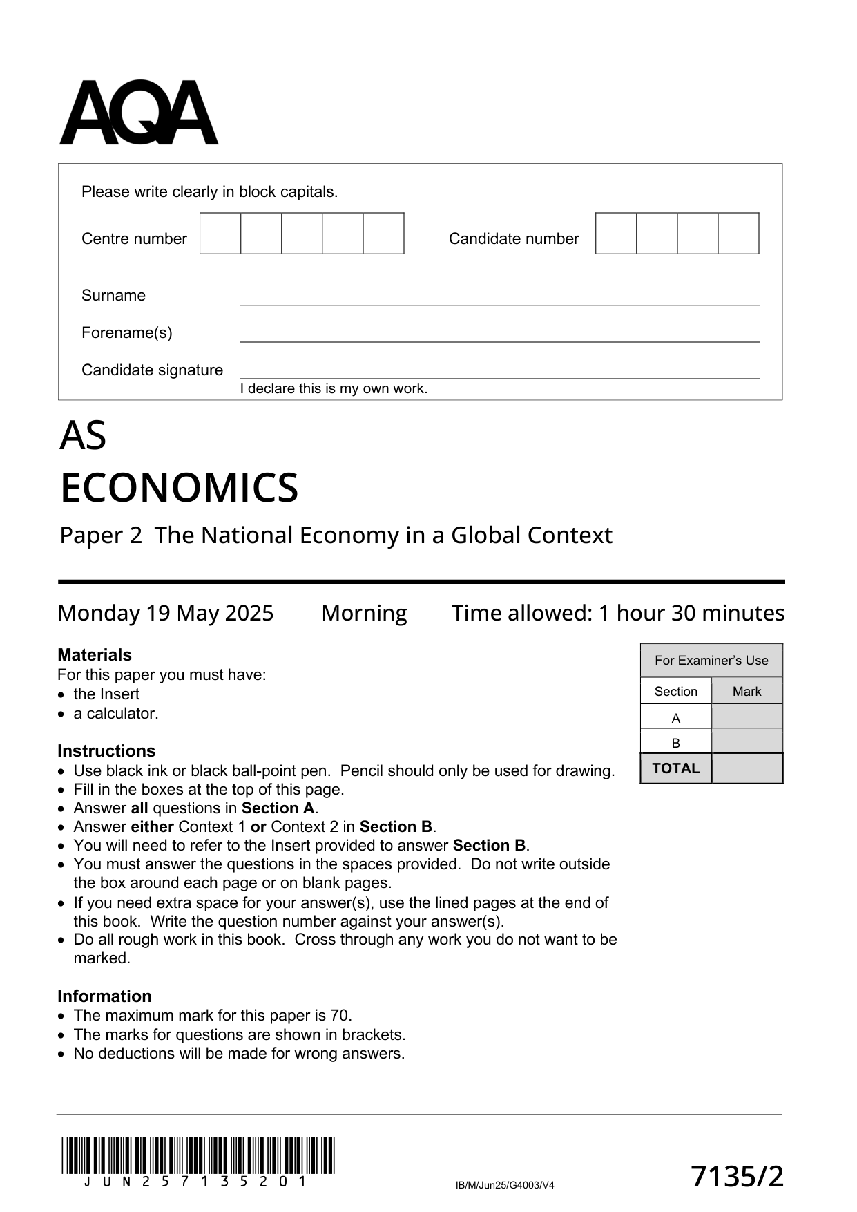 AQA AS Economics Paper 2 2025 Question Paper PDF