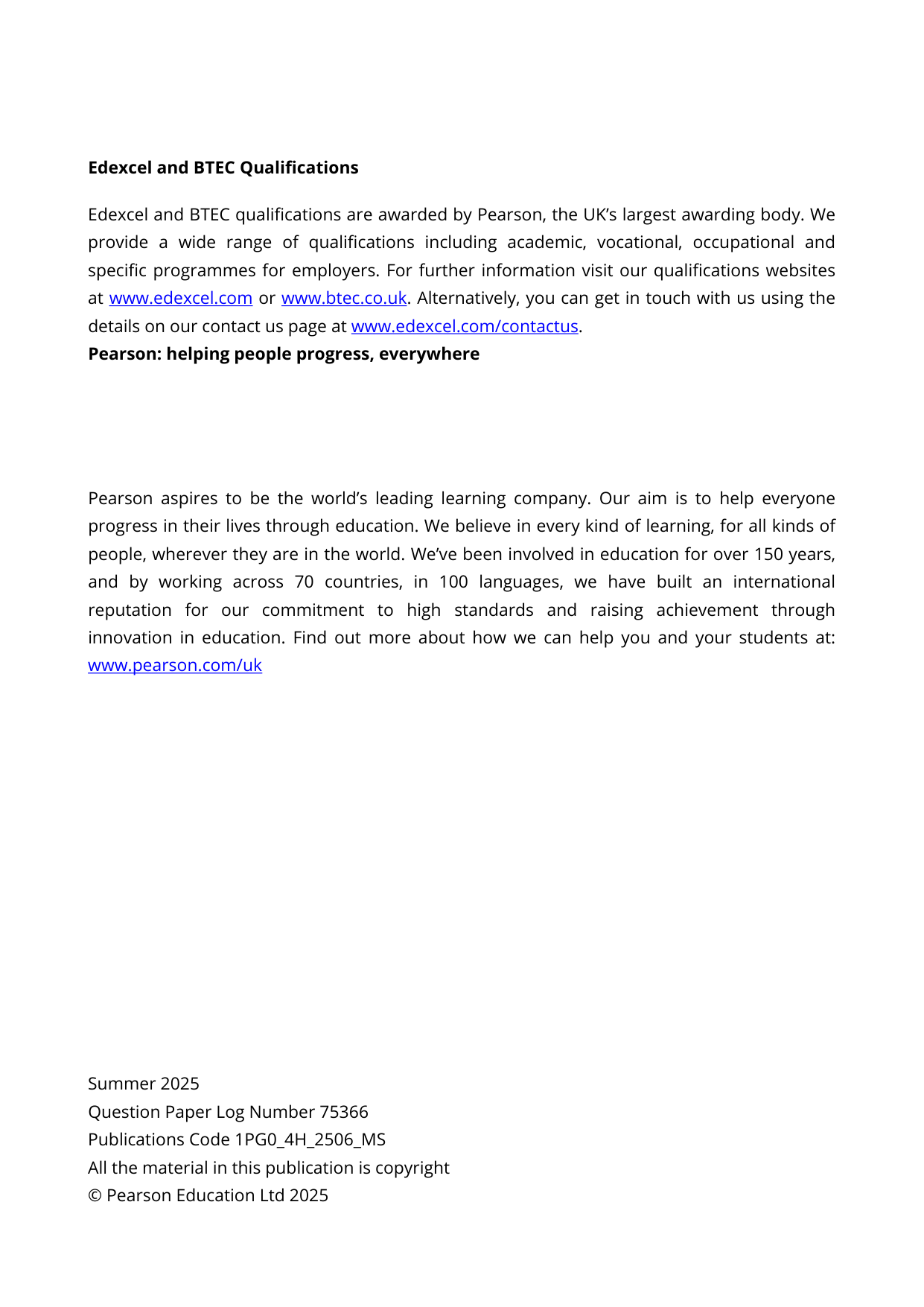 Pearson Edexcel GCSE Portuguese Paper 4H 2025 Mark Scheme