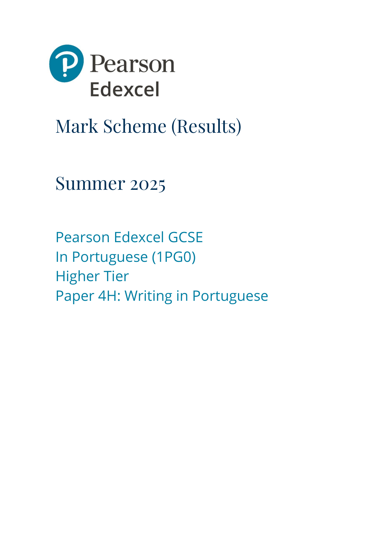 Pearson Edexcel GCSE Portuguese Paper 4H 2025 Mark Scheme
