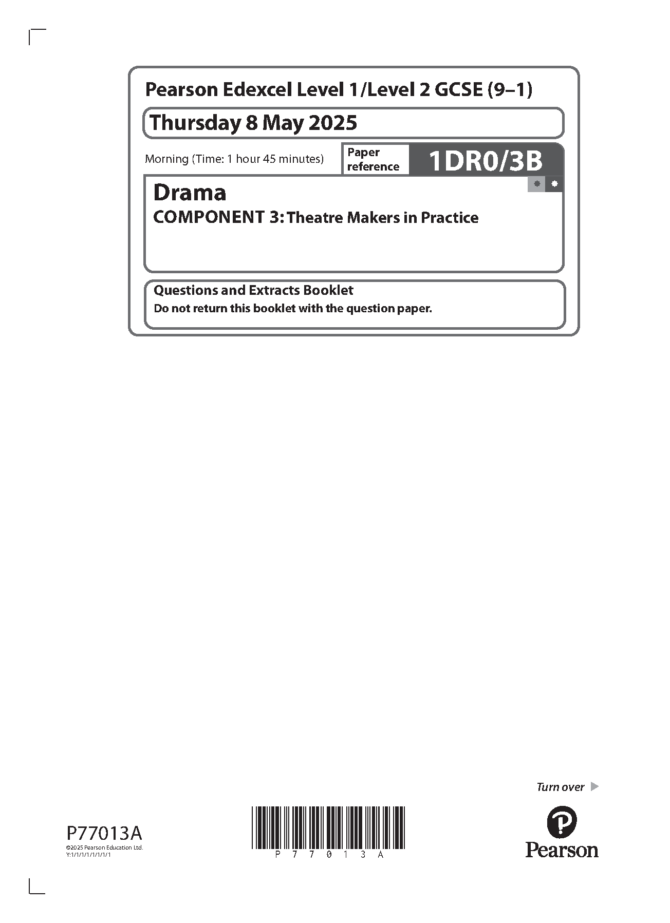 Pearson Edexcel GCSE Drama 2025 Paper 3b Question Paper PDF