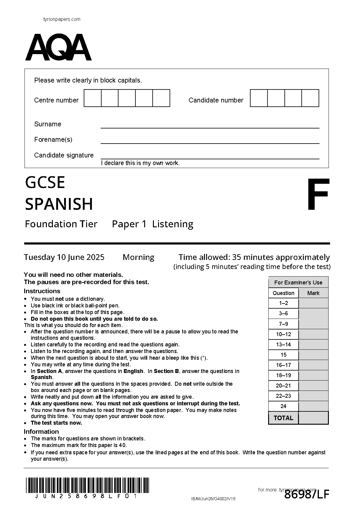 AQA GCSE Spanish Paper 1F 2025 Listening QP IMG-1