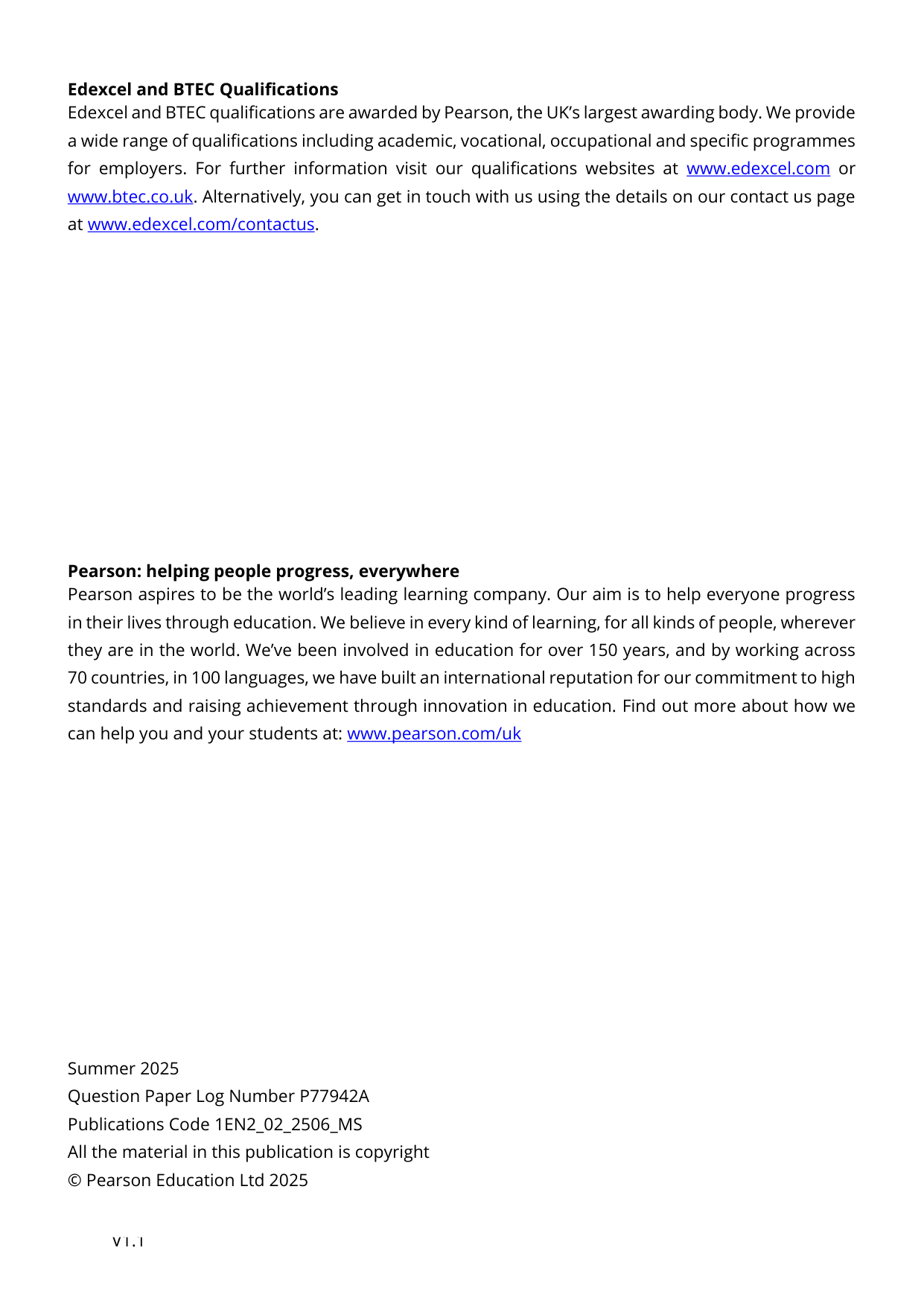 Pearson Edexcel GCSE English Language 2.0 Paper 2 2025 MS
