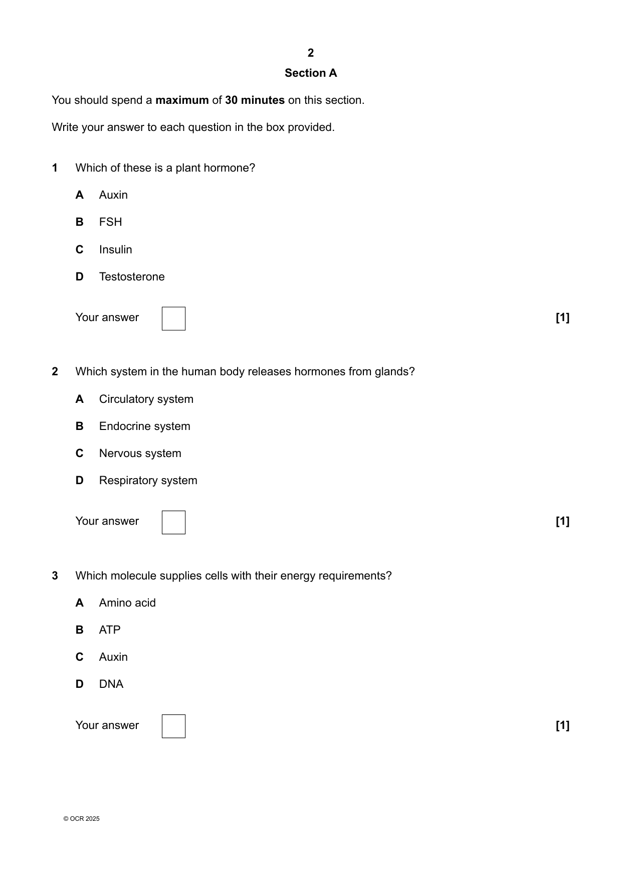 OCR GCSE Biology A Foundation Tier Paper 1 2025