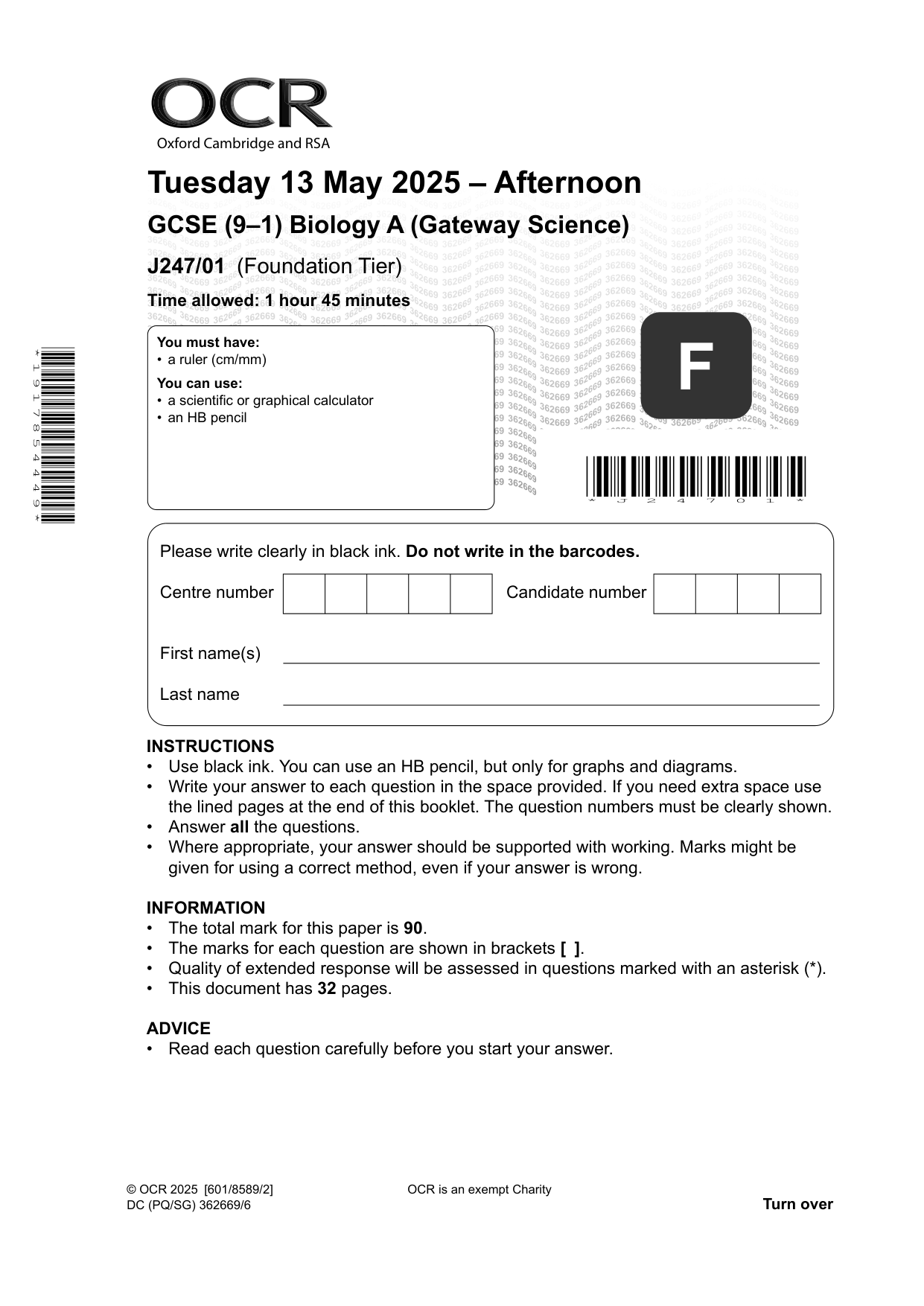 OCR GCSE Biology A Foundation Tier Paper 1 2025