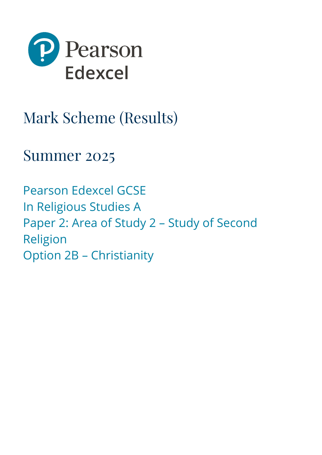 Pearson Edexcel GCSE Religious Studies Paper 2b 2025 MS