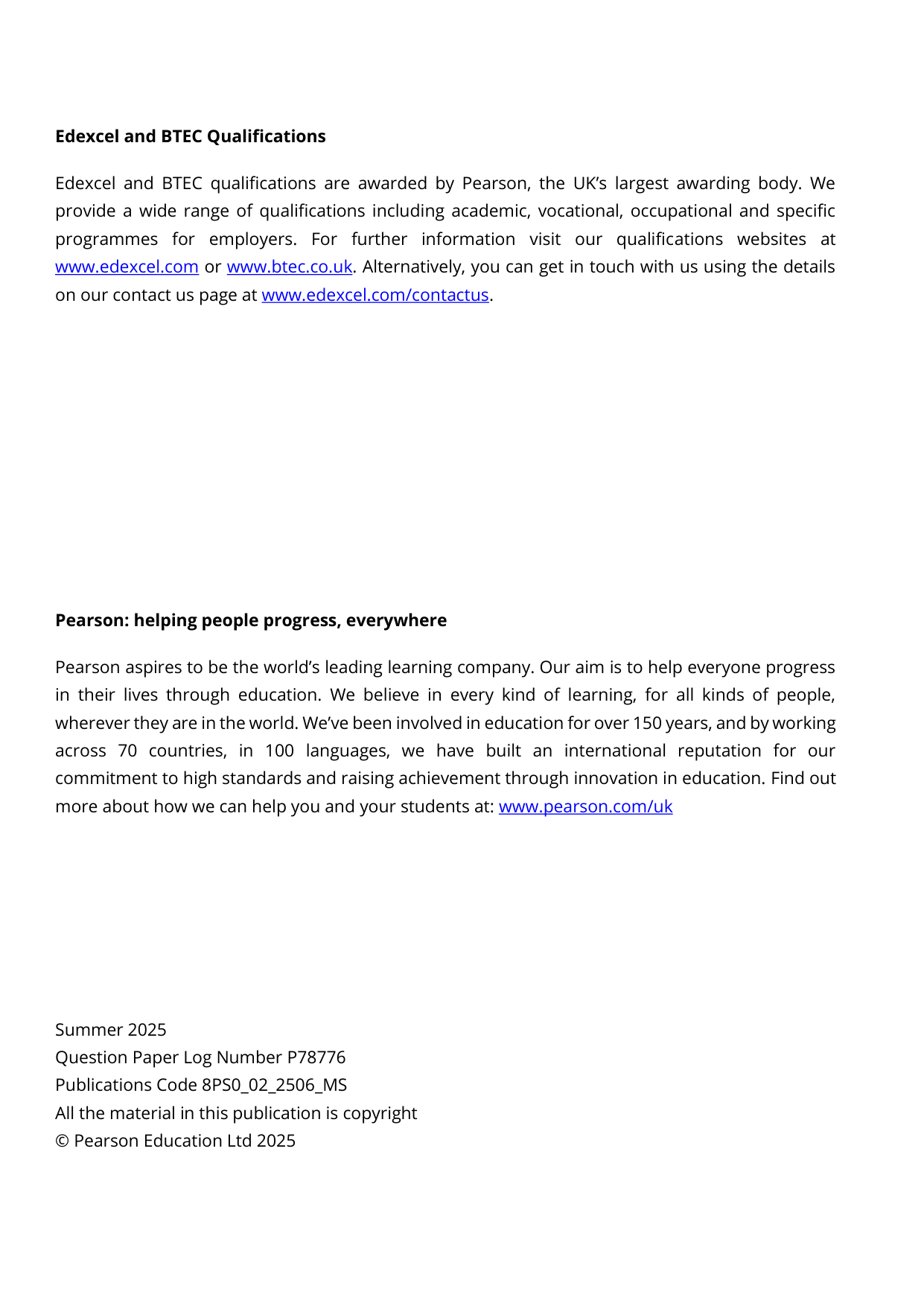 Pearson Edexcel AS Psychology Paper 2 2025 Mark Scheme