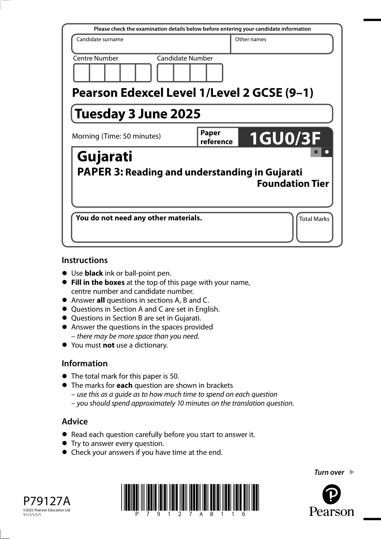 Pearson Edexcel GCSE Gujarati Paper 3F 2025 Question Paper