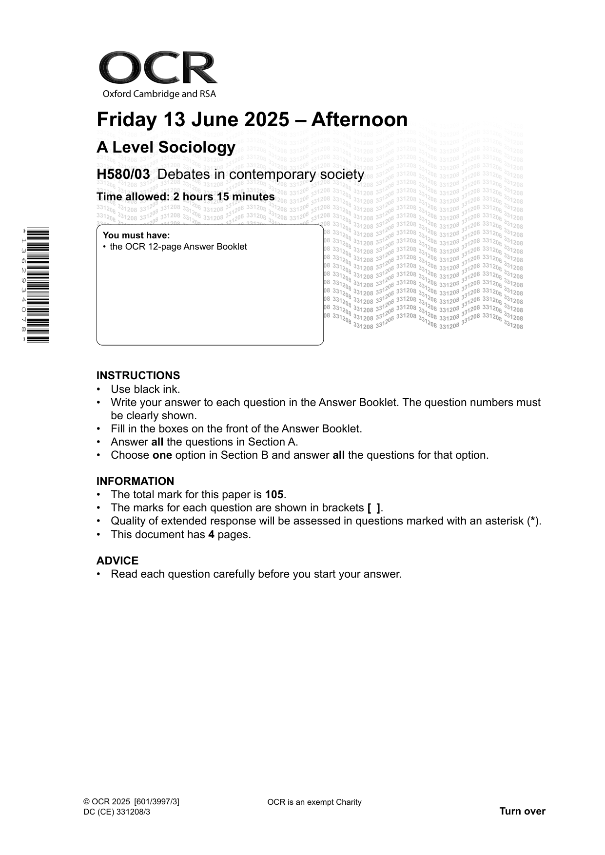 OCR A Level Sociology Paper 3  2025 Question Paper