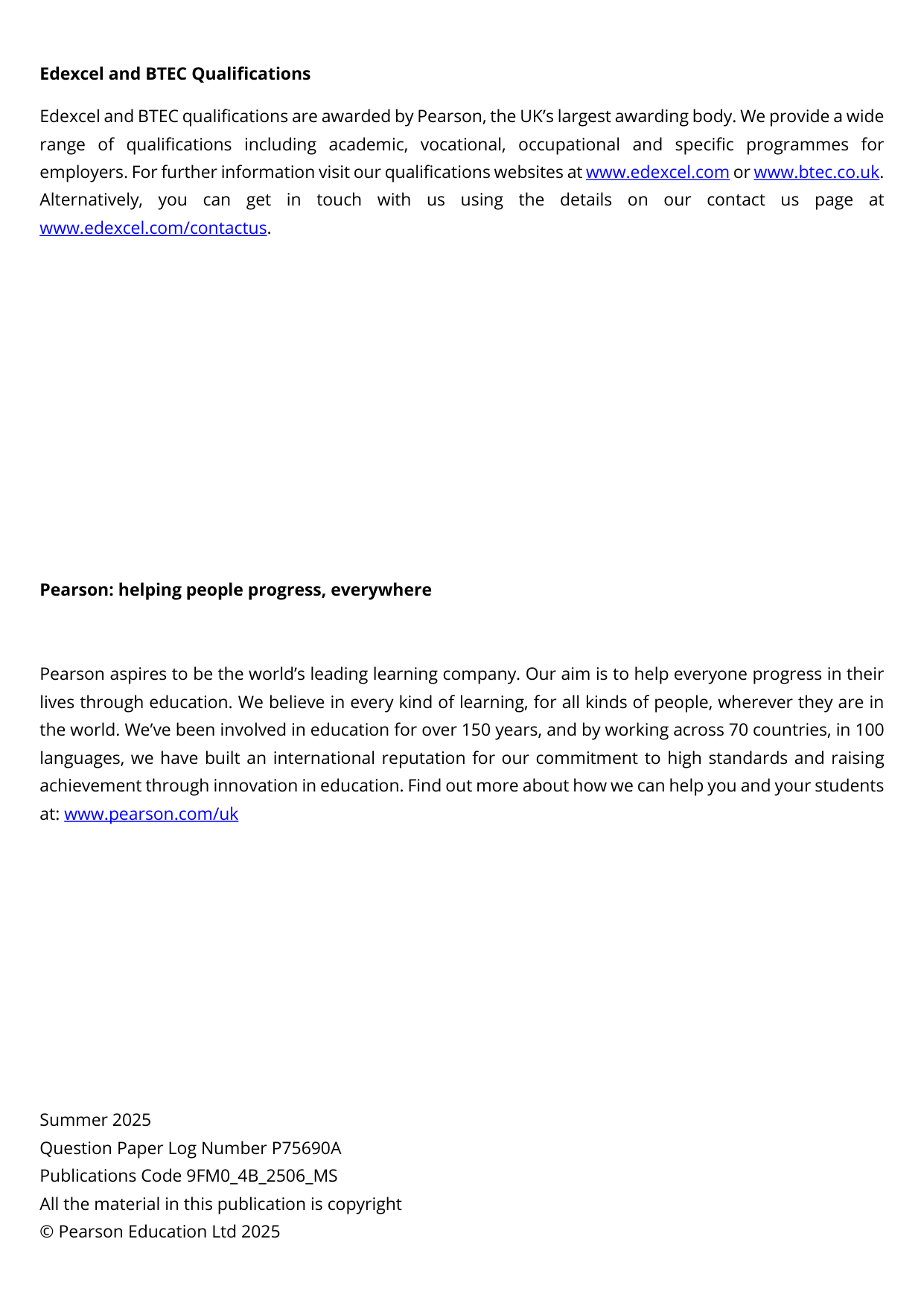Pearson Edexcel A Level Further Mathematics Paper 4B 2025 Ms