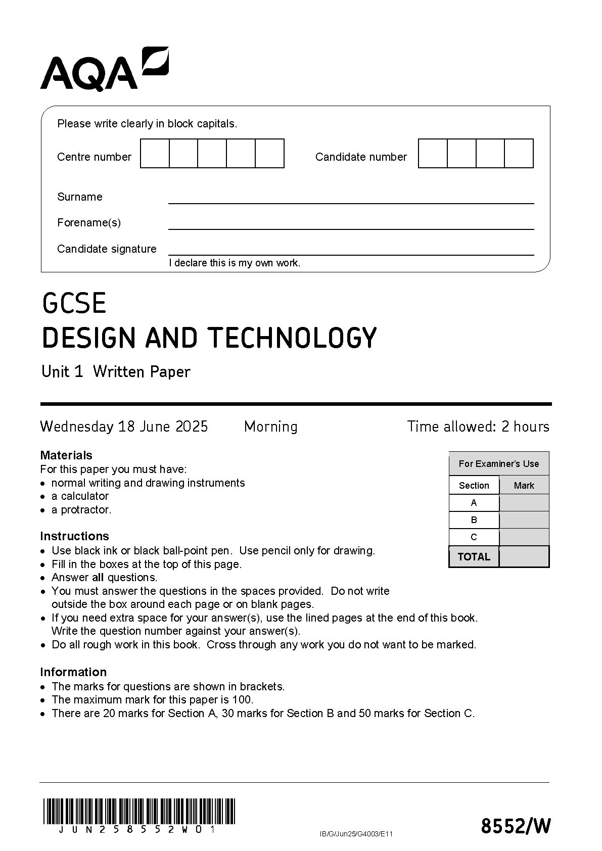 AQA GCSE Design and Technology 2025 QP PDF