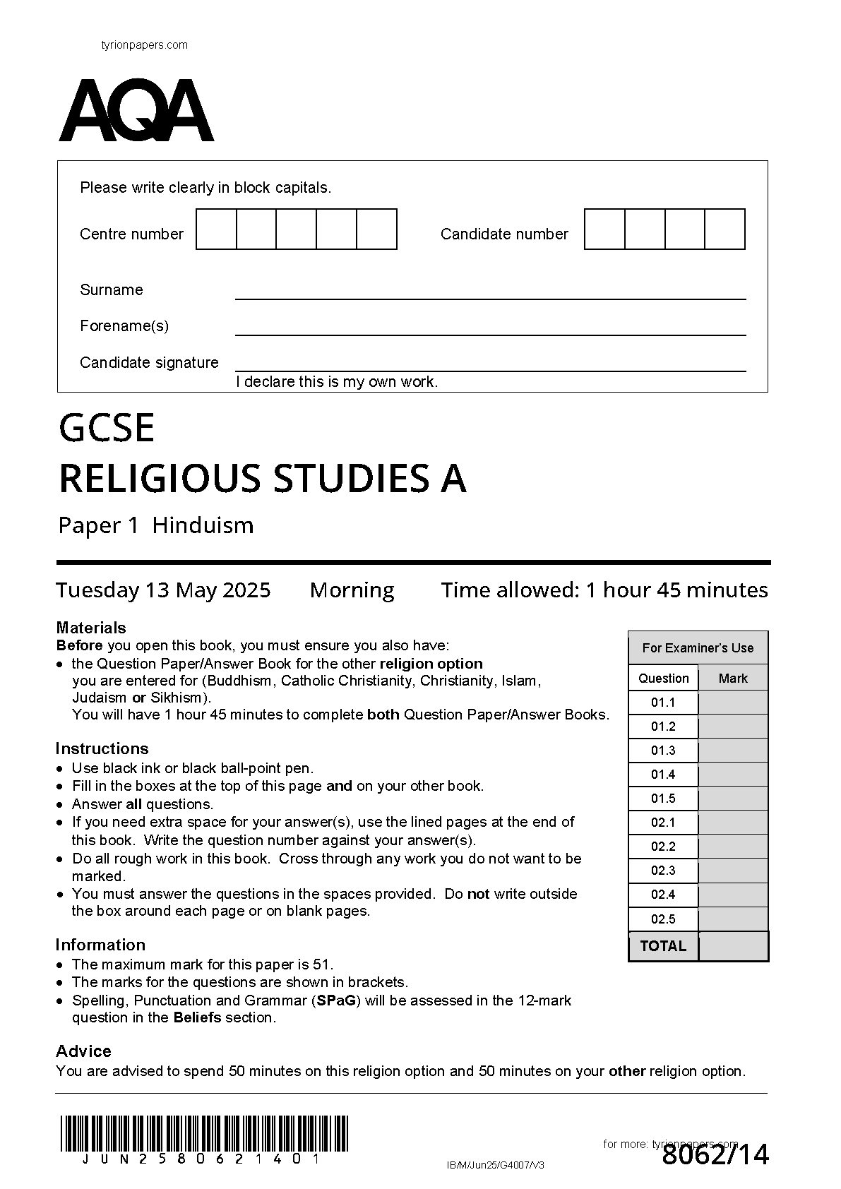 AQA GCSE Religious Studies A Paper 1 Hinduism 2025 Q P IMG-1