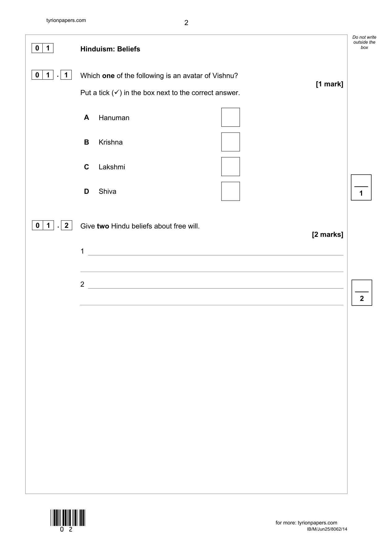 AQA GCSE Religious Studies A Paper 1 Hinduism 2025 Q P